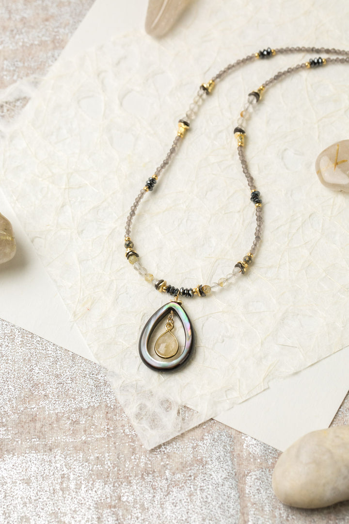 Alchemy 18.5-20.5" Pyrite, Grey Moonstone With Gold Rutilated Quartz Long Teardrop Bezel Collage Necklace