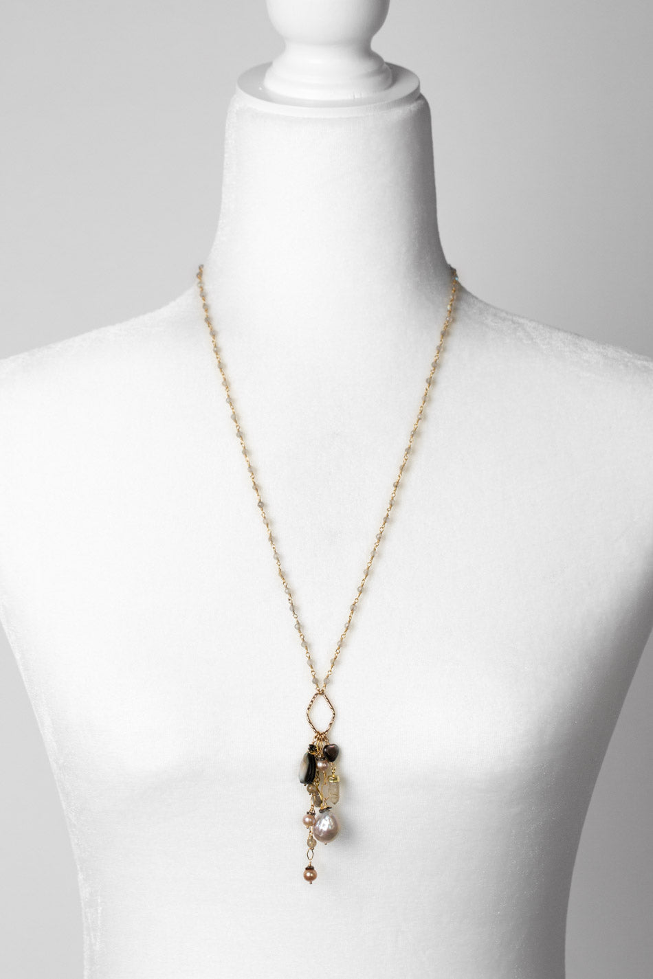 Alchemy 26.5-28.5" Labradorite With Freshwater Pearl, Gold Rutilated Quartz, Abalone, And Moonstone Cluster Necklace