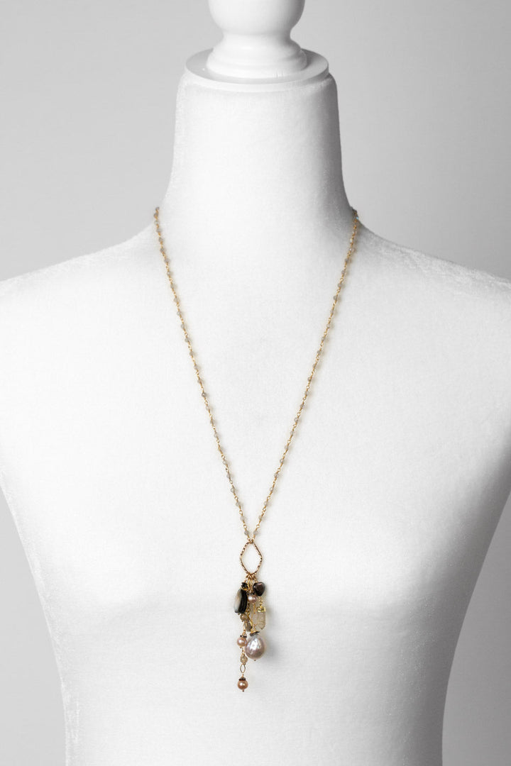 Alchemy 26.5-28.5" Labradorite With Freshwater Pearl, Gold Rutilated Quartz, Abalone, And Moonstone Cluster Necklace