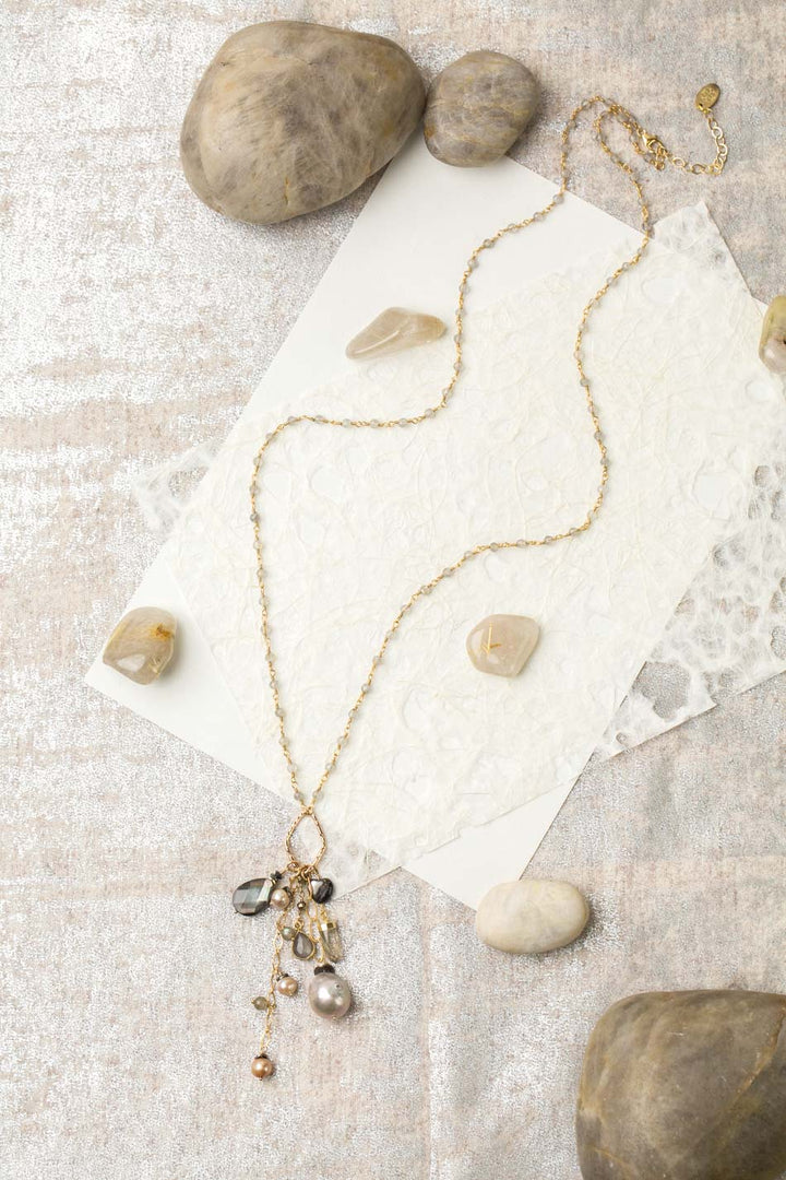 Alchemy 26.5-28.5" Labradorite With Freshwater Pearl, Gold Rutilated Quartz, Abalone, And Moonstone Cluster Necklace