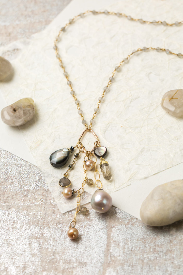 Alchemy 26.5-28.5" Labradorite With Freshwater Pearl, Gold Rutilated Quartz, Abalone, And Moonstone Cluster Necklace