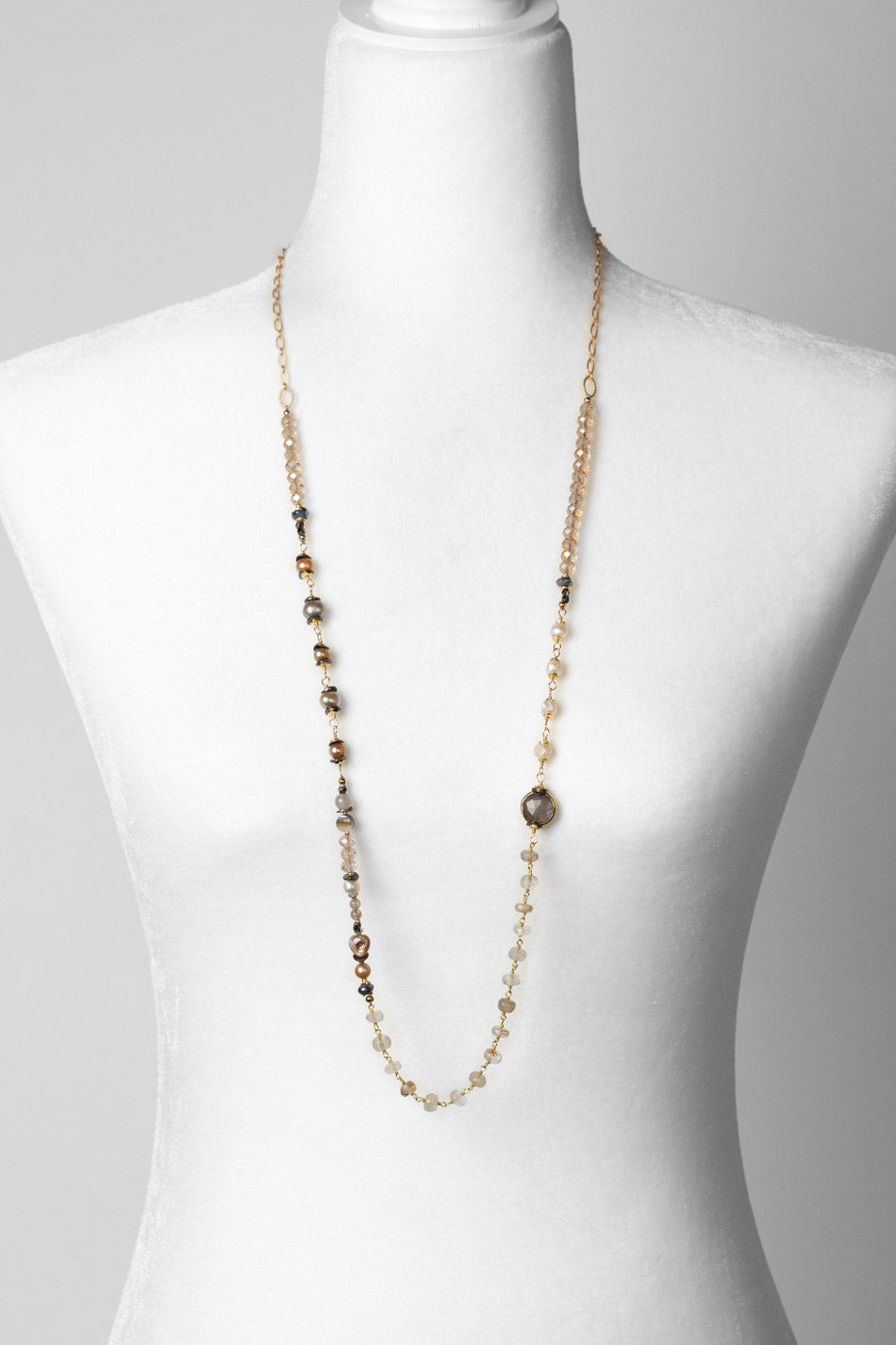 Alchemy 37-39" Gold Rutilated Quartz, Grey Moonstone, Freshwater Pearl Collage Necklace