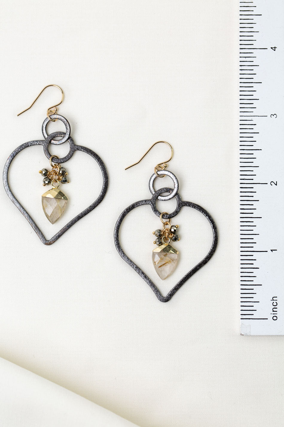 Alchemy Pyrite With Heart Hoop And Gold Rutilated Quartz Statement Earrings