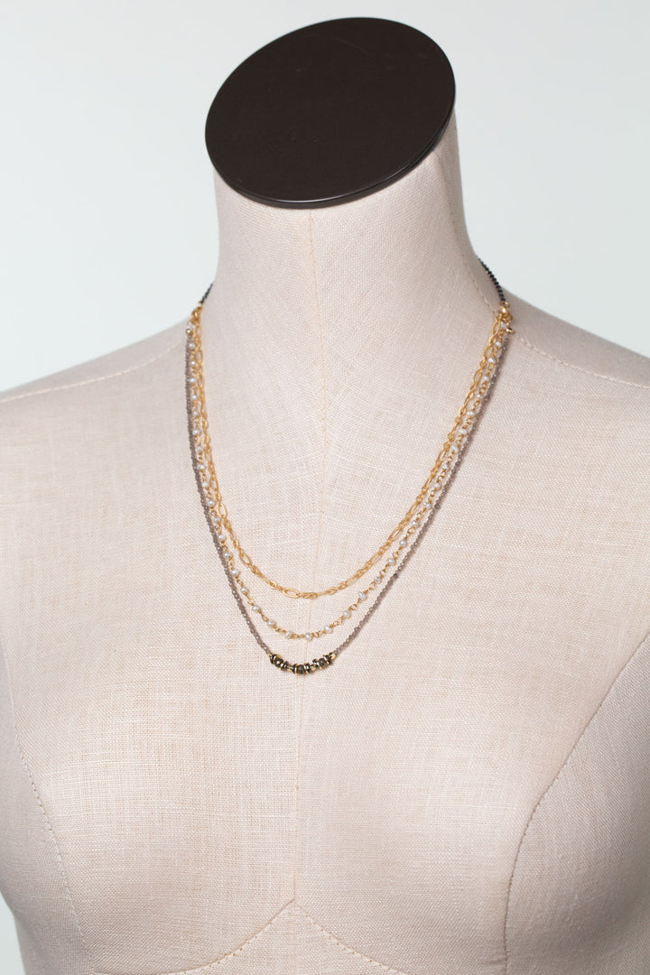 Alchemy 18.25-20.25" Fresh Water Pearl, Moonstone with Pyrite Multistrand Necklace