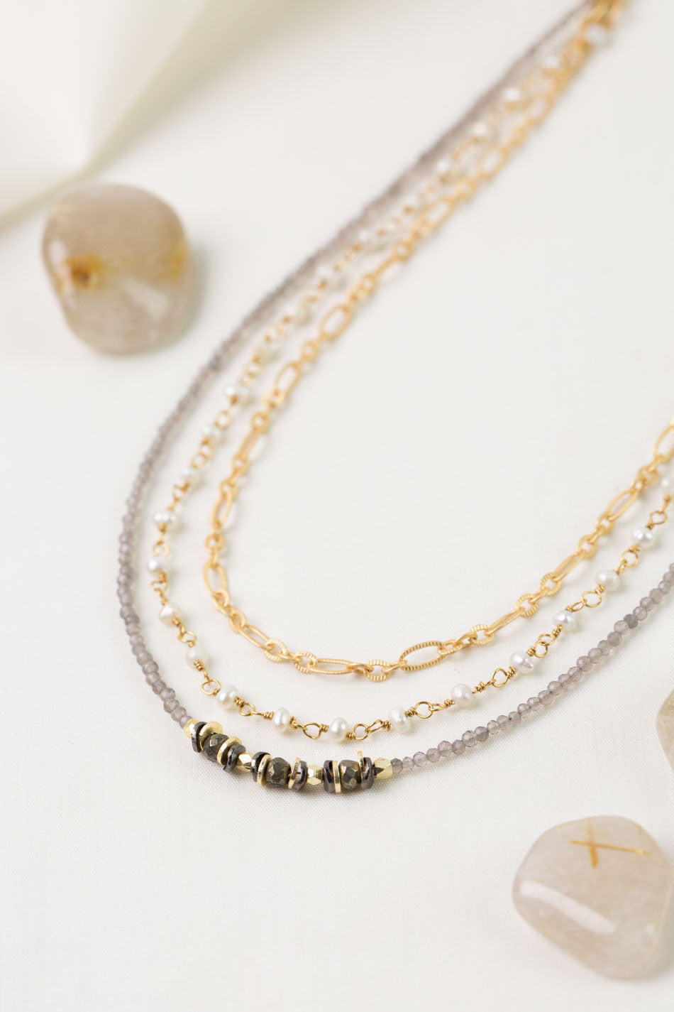 Alchemy 18.25-20.25" Fresh Water Pearl, Moonstone with Pyrite Multistrand Necklace