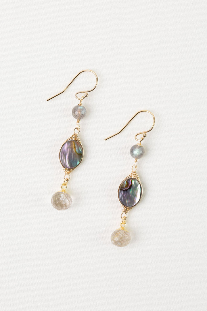 Alchemy Abalone, Fresh Water Pearl with Golden Rutilated Quartz Dangle Earrings