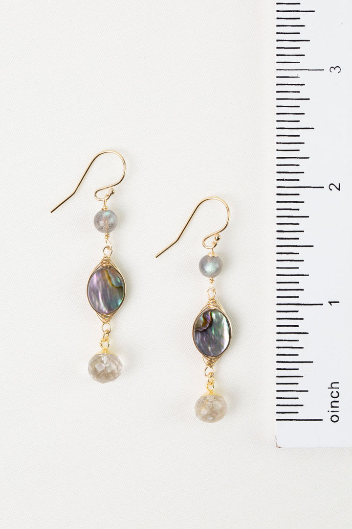 Alchemy Abalone, Fresh Water Pearl with Golden Rutilated Quartz Dangle Earrings