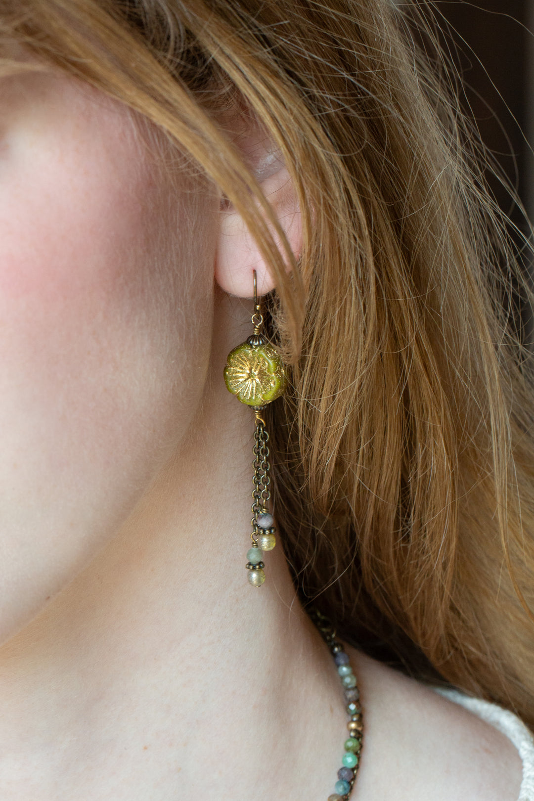 Apatheia Fancy Jasper, Czech Glass Flower Dangle Earrings