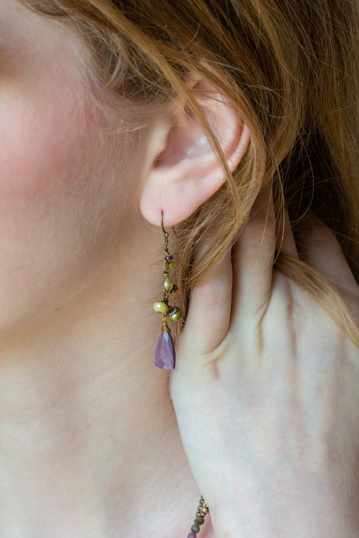 Apatheia Purple Jasper, Freshwater Pearl, Czech Glass Cluster Earrings