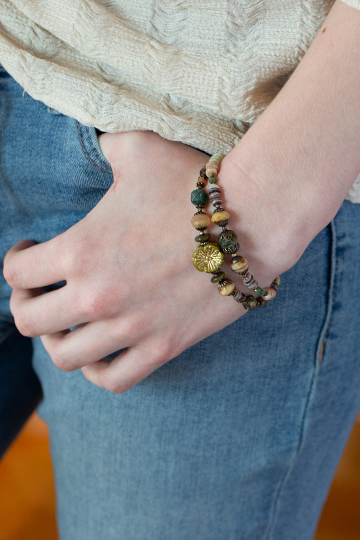 Apatheia 7.5-8.5" Fancy Jasper, Czech Glass, Shell Simple Bracelet