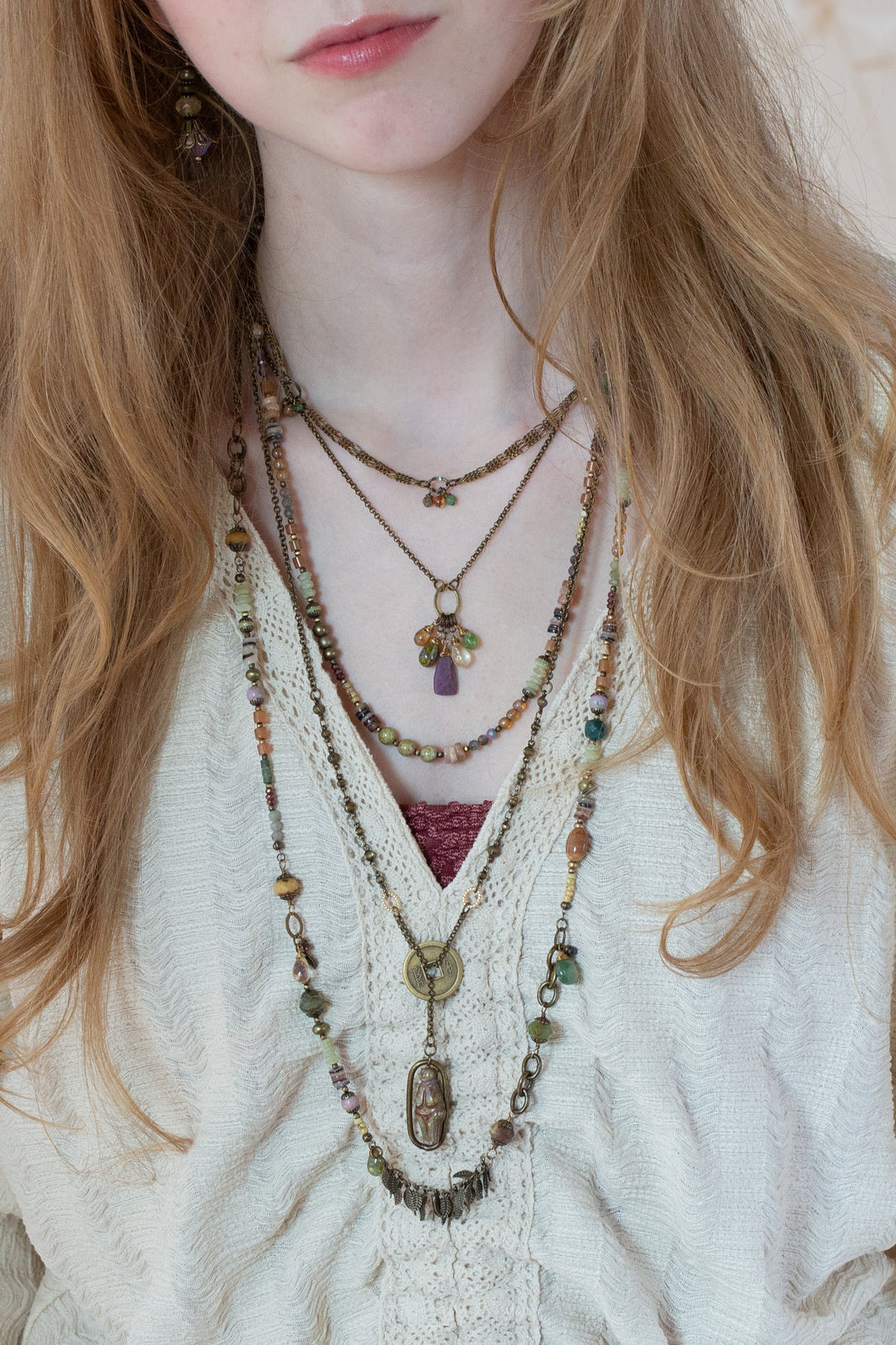 Apatheia 26-28" Czech Glass Goddess, Antique Brass Coin Statement Necklace