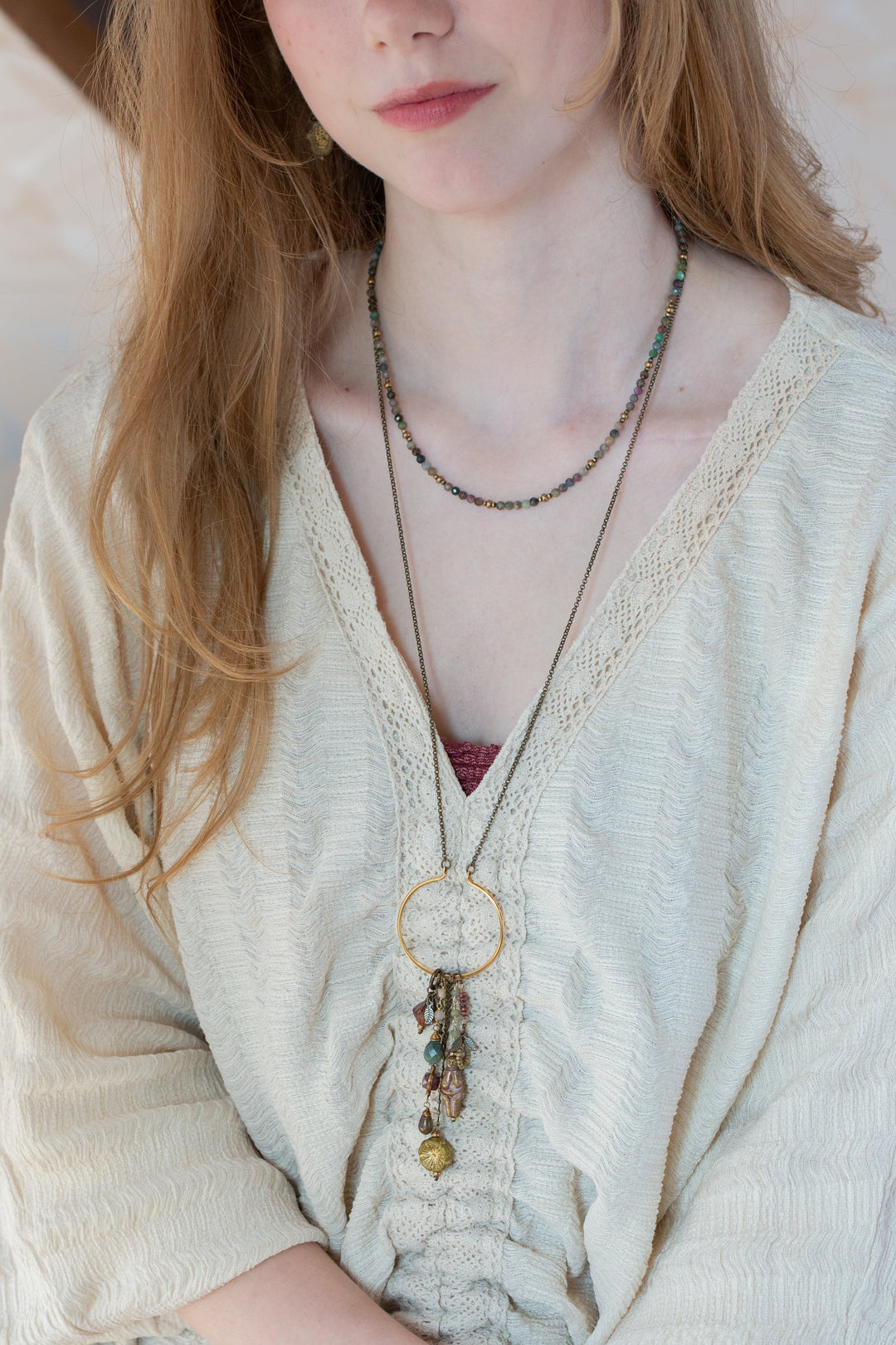 Apatheia 27-29" Fancy Jasper, Czech Glass, Cats Eye Statement Necklace