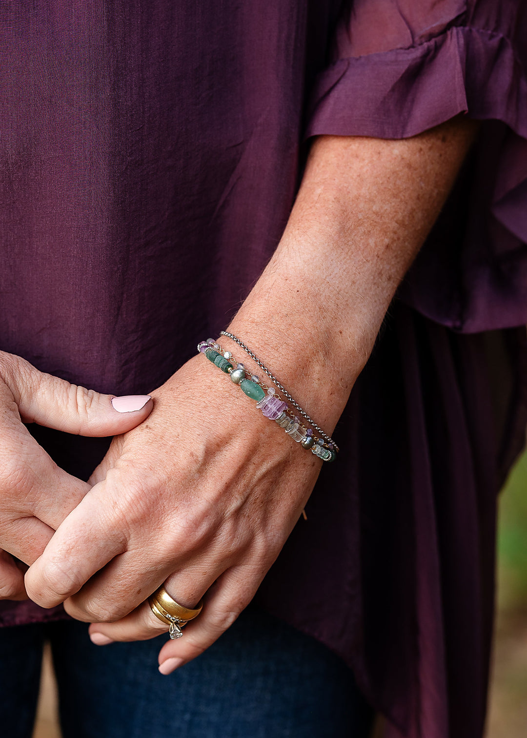 Aspire 7.5-8.5" Rainbow Fluorite, Freshwater Pearl, Amethyst, Roman Glass, Czech Glass Multistrand Bracelet