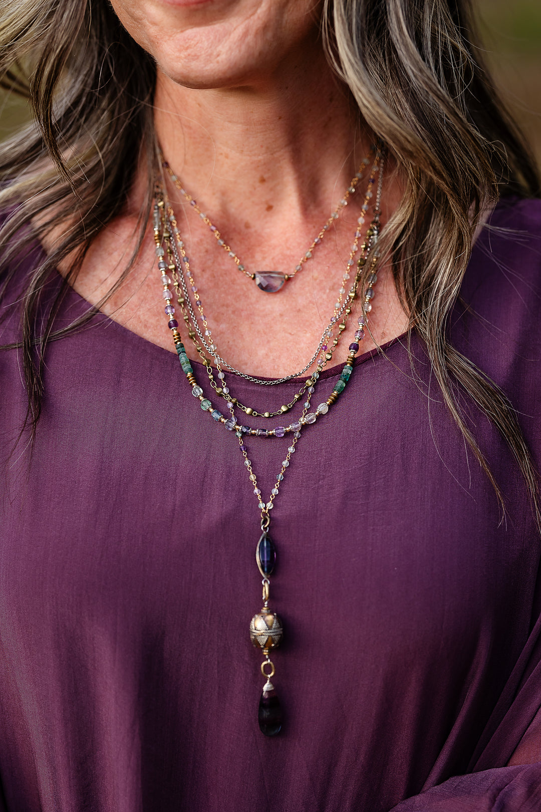Aspire 19.5-21.5"Fluorite, Roman Glass Multistrand Necklace