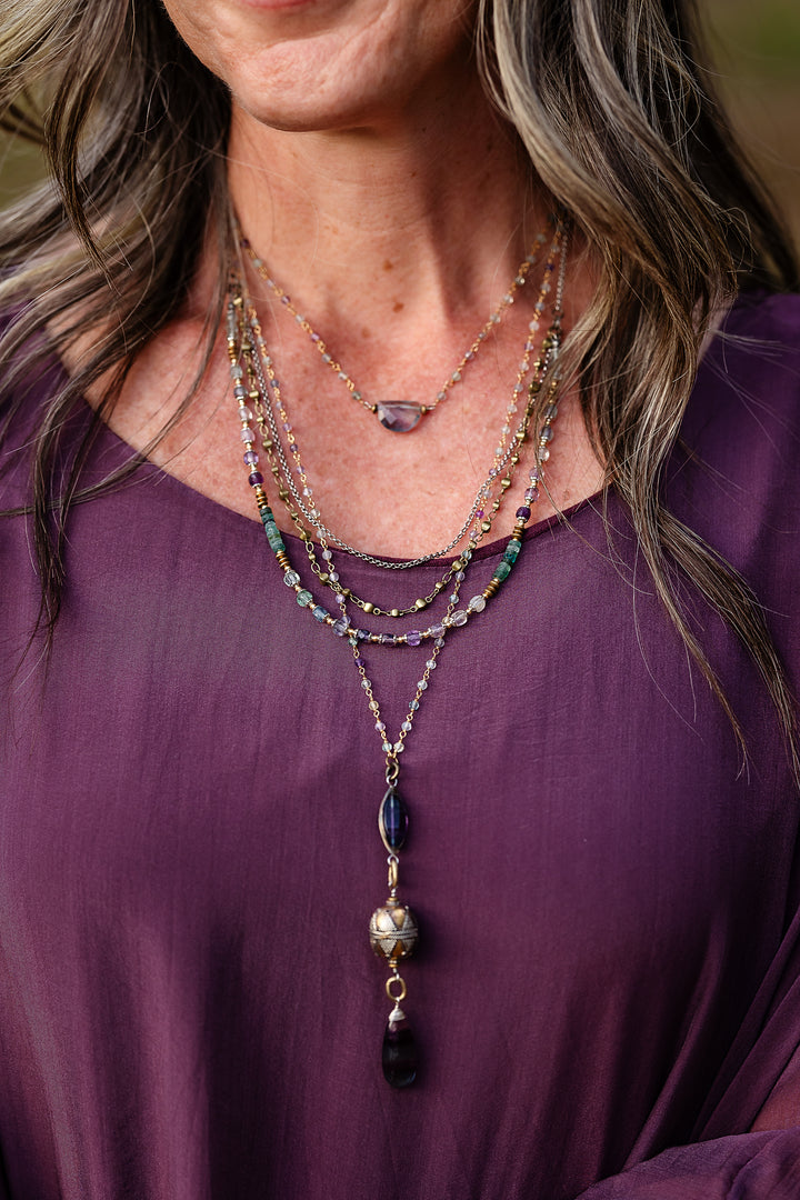 Aspire 19.5-21.5"Fluorite, Roman Glass Multistrand Necklace