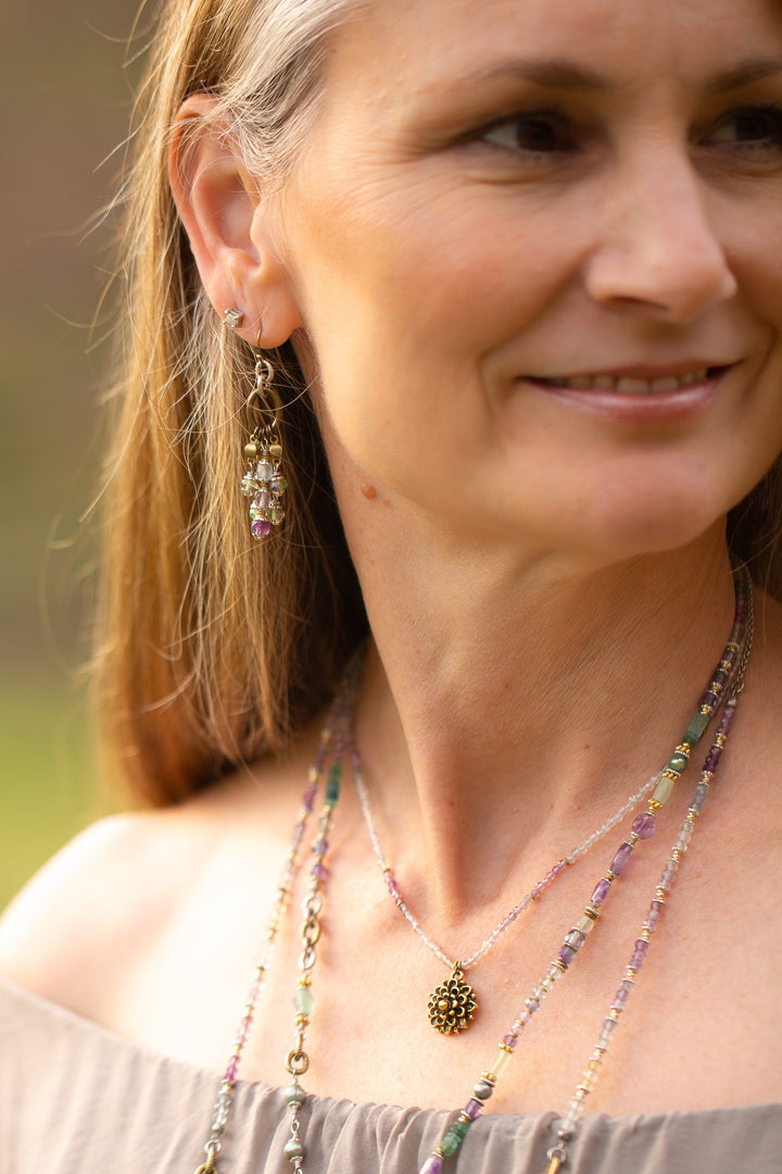 Aspire Antique Brass Hoops With Rainbow Fluorite, And Amethyst Hoop Earrings