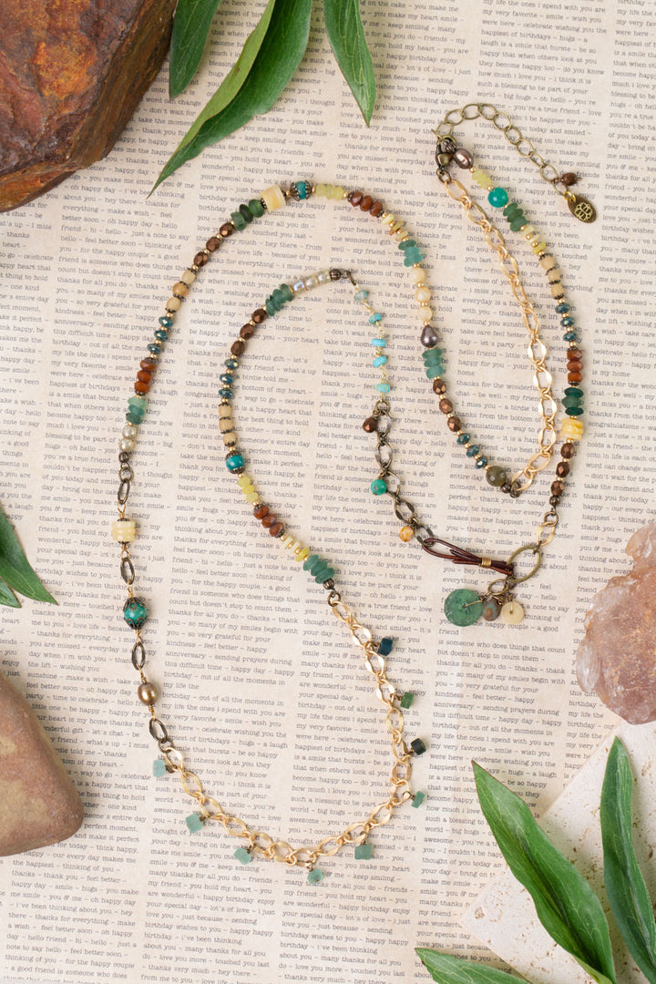 Atlas 37.5-39.5" Czech Glass, Roman Glass, Honey Opal Collage Necklace