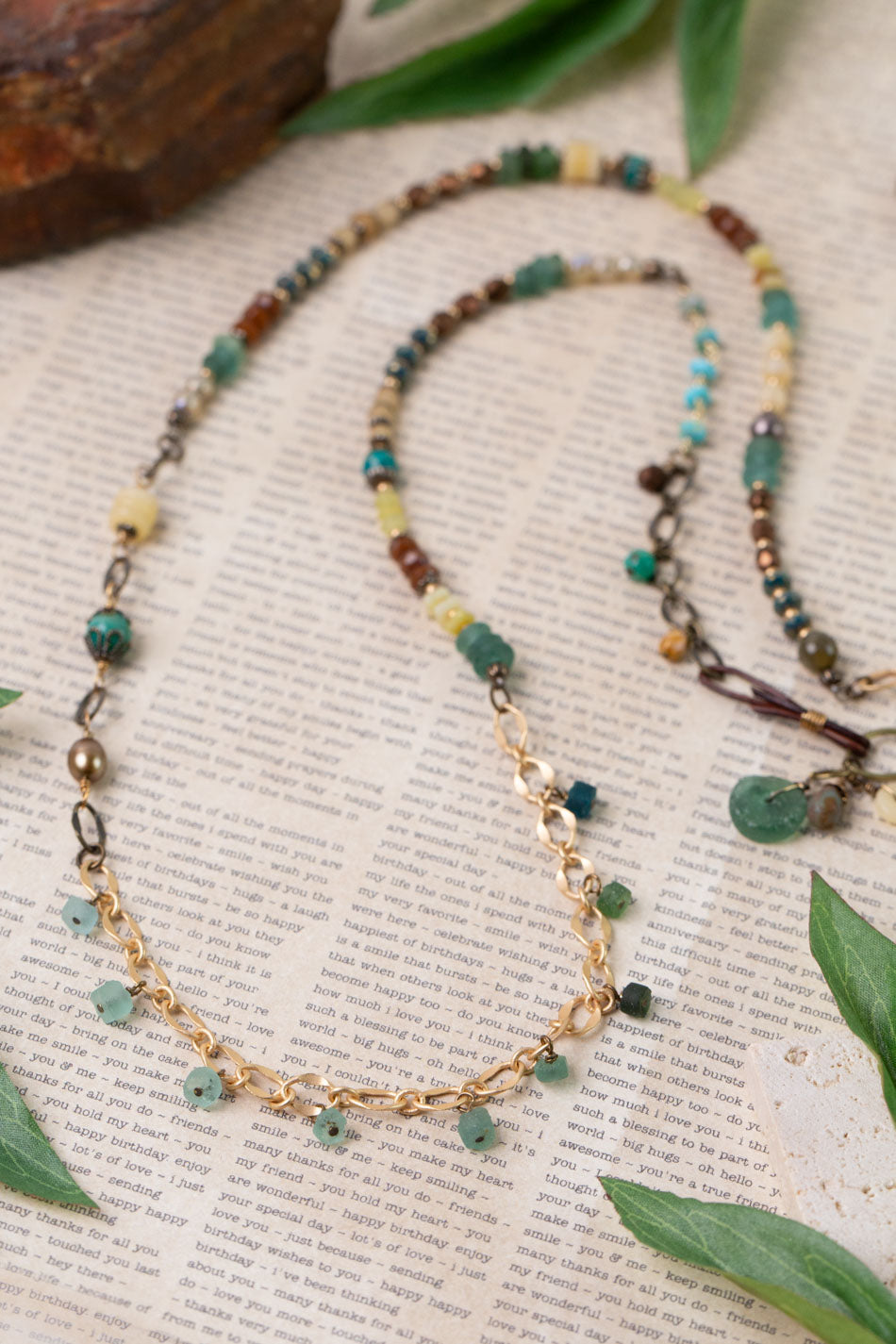 Atlas 37.5-39.5" Czech Glass, Roman Glass, Honey Opal Collage Necklace