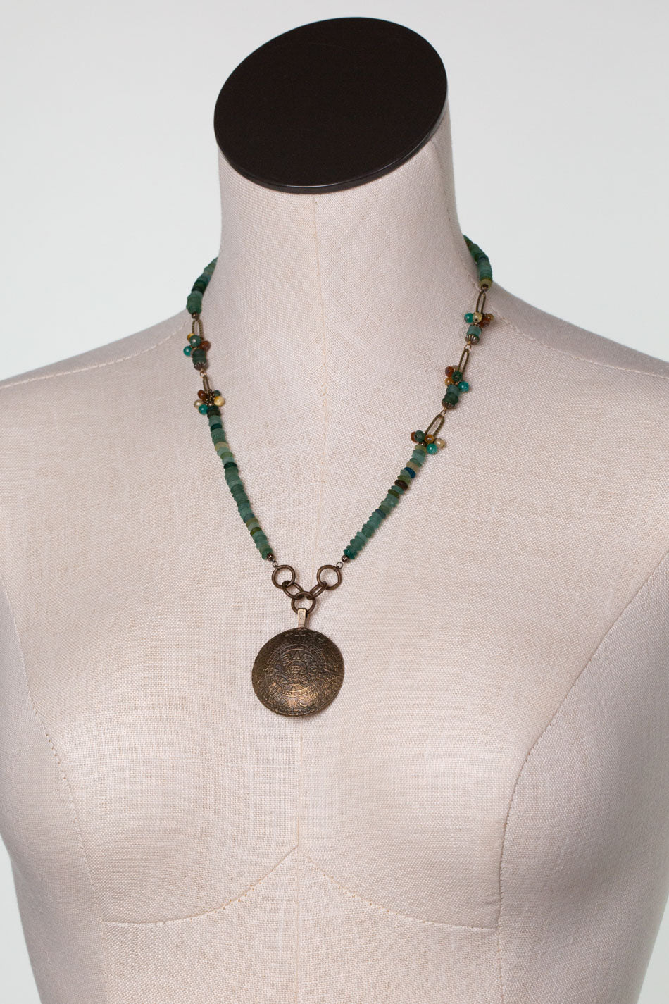 Atlas 19.5-21.5" Roman Glass, Czech Glass With Antique Brass Medallion Statement Necklace