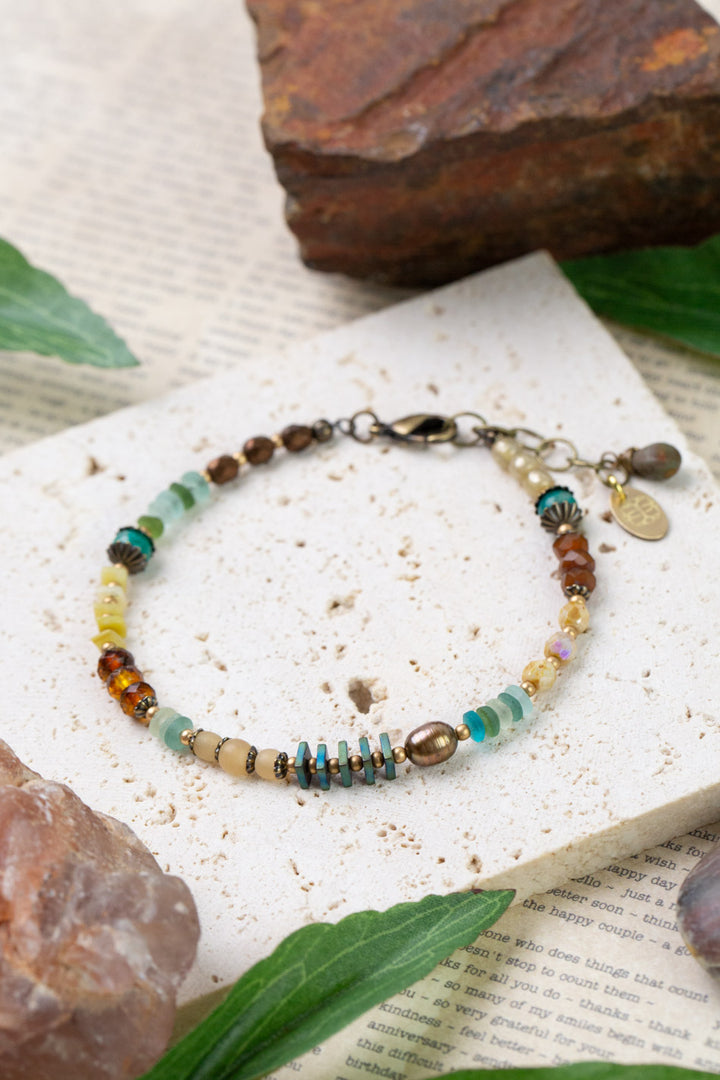 Atlas 7.5-8.5" Roman Glass, Czech Glass, Honey Opal Simple Bracelet