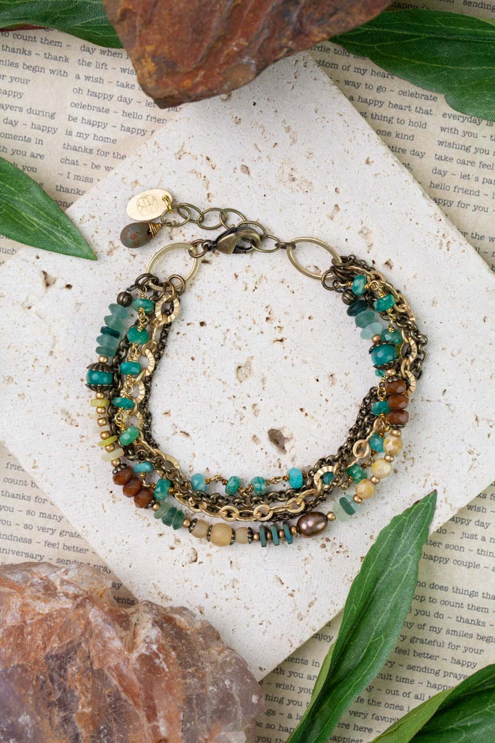 Atlas 7.5-8.5" Roman Glass, Amazonite, Czech Glass Multistrand Bracelet