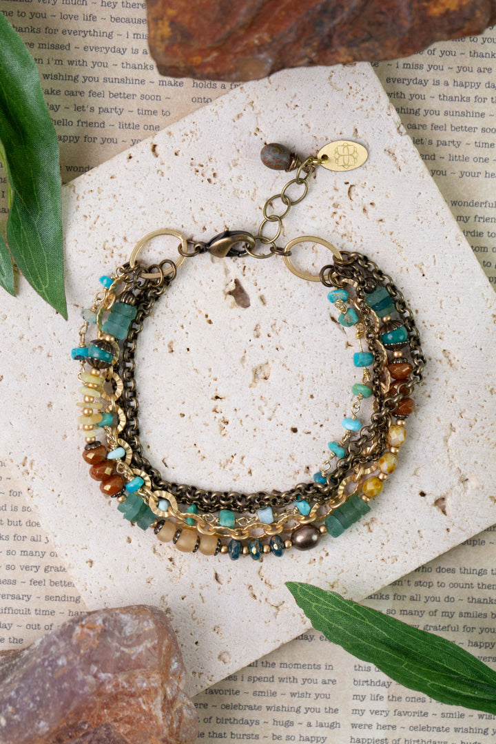 Atlas 7.5-8.5" Roman Glass, Amazonite, Czech Glass Multistrand Bracelet