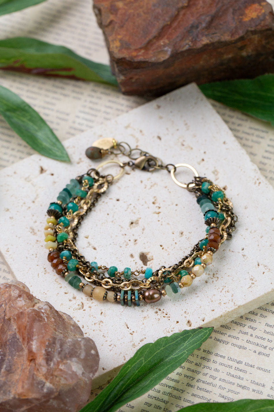 Atlas 7.5-8.5" Roman Glass, Amazonite, Czech Glass Multistrand Bracelet