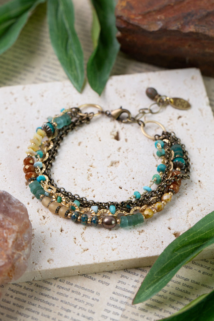 Atlas 7.5-8.5" Roman Glass, Amazonite, Czech Glass Multistrand Bracelet