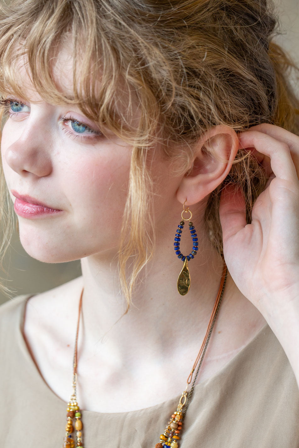 Azulejo Brass Teardrop, Lapis Hoop Earrings