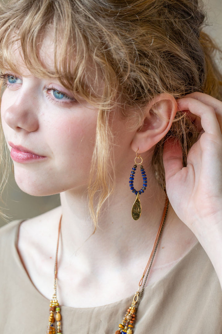 Azulejo Brass Teardrop, Lapis Hoop Earrings