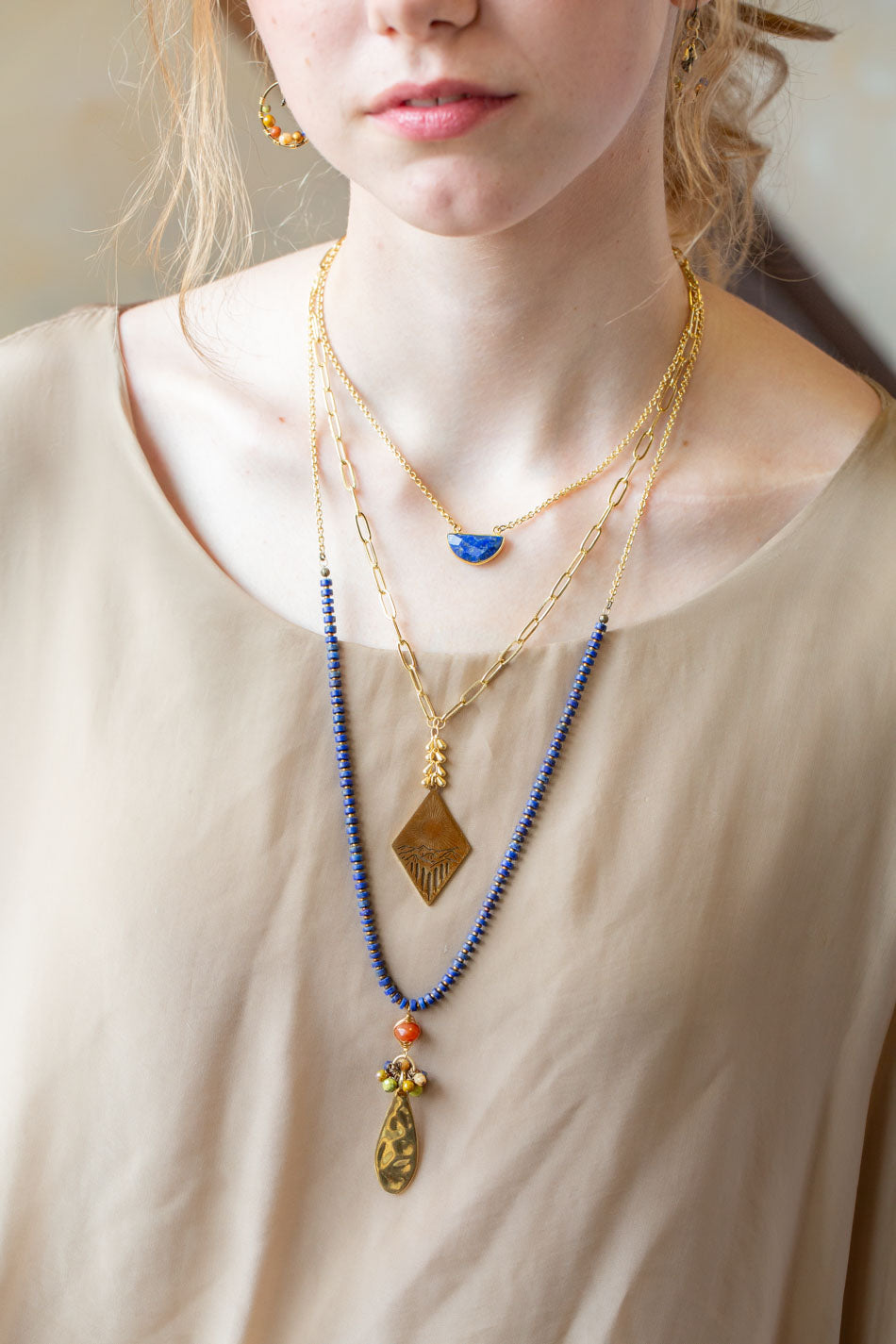Azulejo 26-28" Czech Glass, Lapis, Yellow Turquoise with Brass Teardrop Focal Tassel Necklace