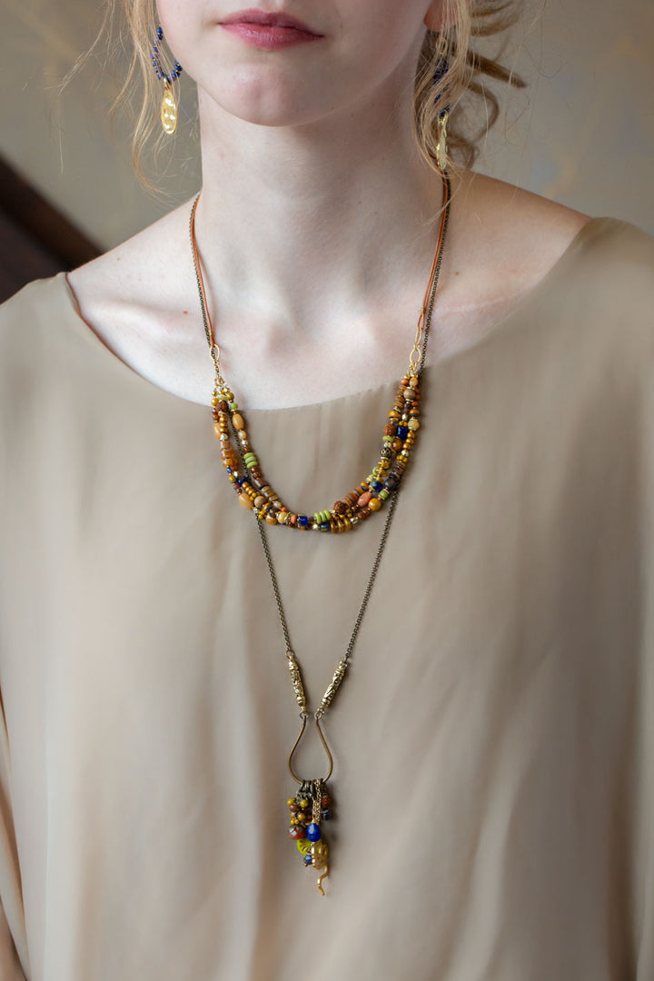 Azulejo 20.5-22.5" Brown Heishe, Czech Glass, Yellow Turquoise Multistrand Necklace