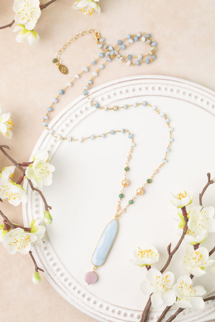 Bellini 27.5-29.5" Peach Moonstone, Pearl, Green Ruby Zoisite with Blue Opal Bezel Simple Necklace