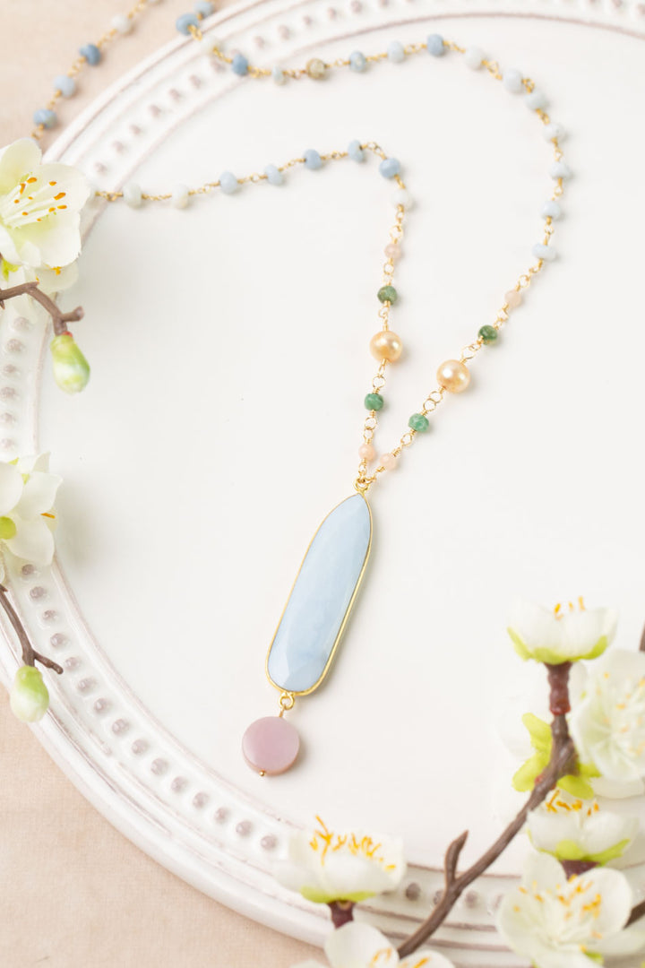 Bellini 27.5-29.5" Peach Moonstone, Pearl, Green Ruby Zoisite with Blue Opal Bezel Simple Necklace