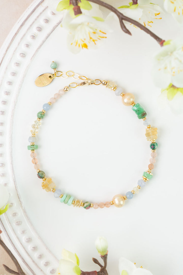 Bellini 7.5-8.5" Peach Moonstone, Pearl, Green Ruby Zoisite Simple Bracelet