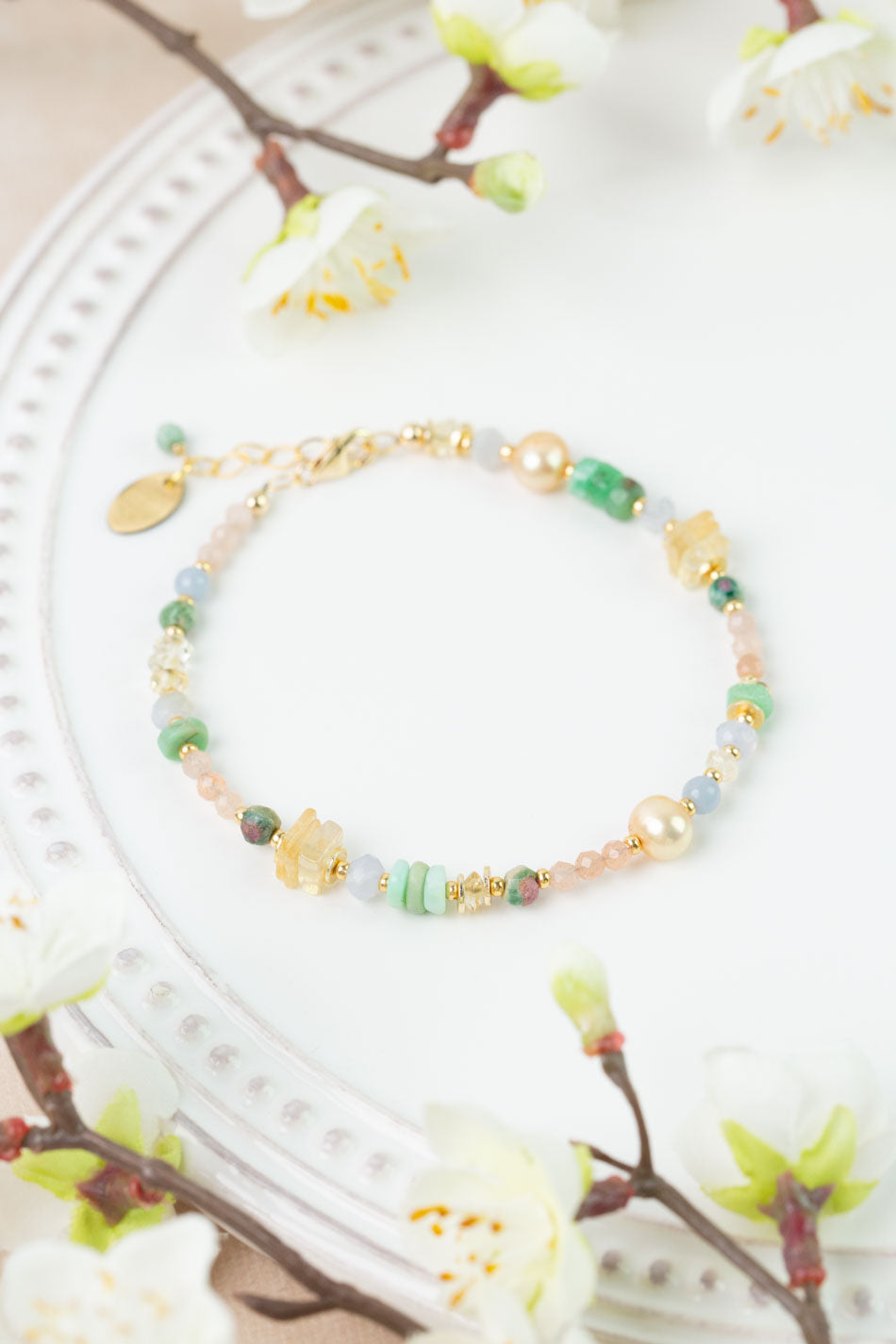 Bellini 7.5-8.5" Peach Moonstone, Pearl, Green Ruby Zoisite Simple Bracelet