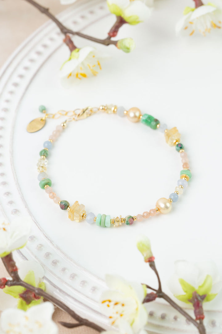 Bellini 7.5-8.5" Peach Moonstone, Pearl, Green Ruby Zoisite Simple Bracelet