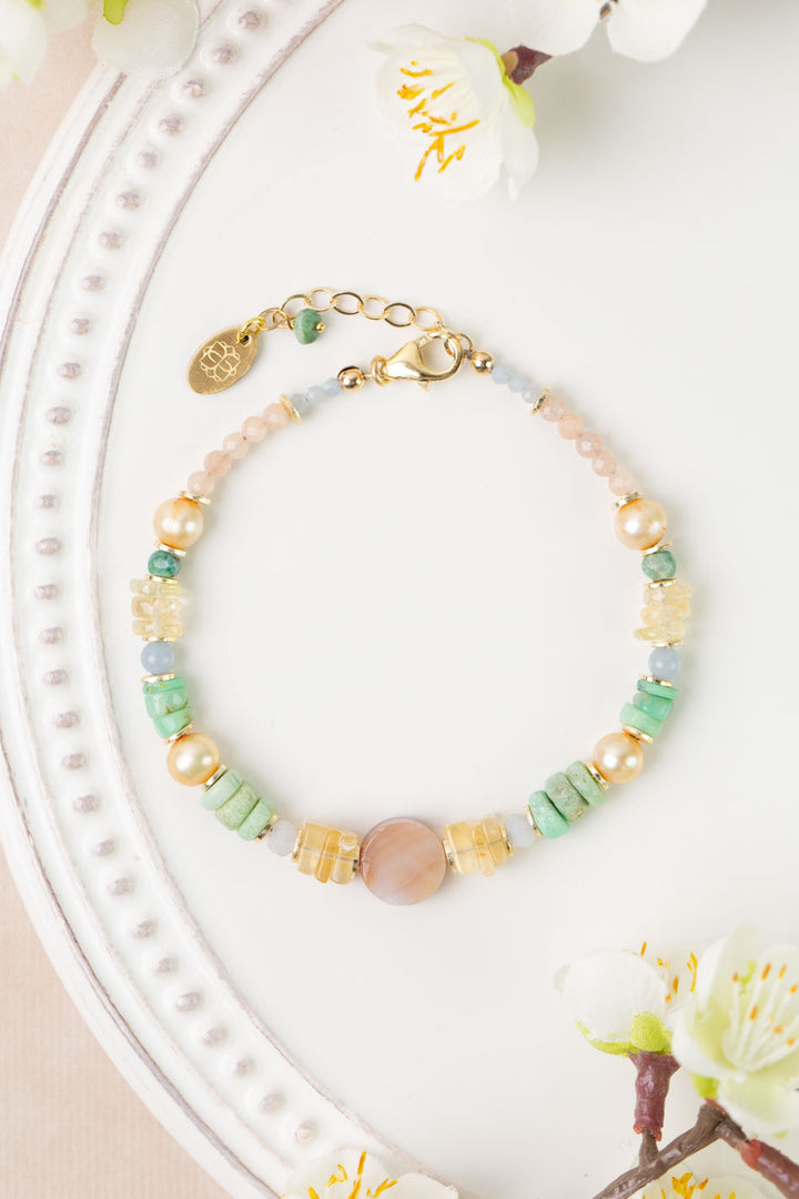 Bellini 7.5-8.5" Peach Moonstone, Pearl, Chrysoprase Simple Bracelet