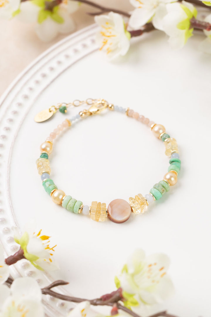 Bellini 7.5-8.5" Peach Moonstone, Pearl, Chrysoprase Simple Bracelet