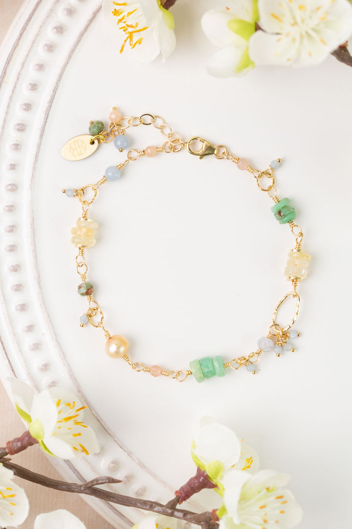 Bellini 7.5-8.5" Peach Moonstone, Pearl, Chrysoprase Collage Bracelet