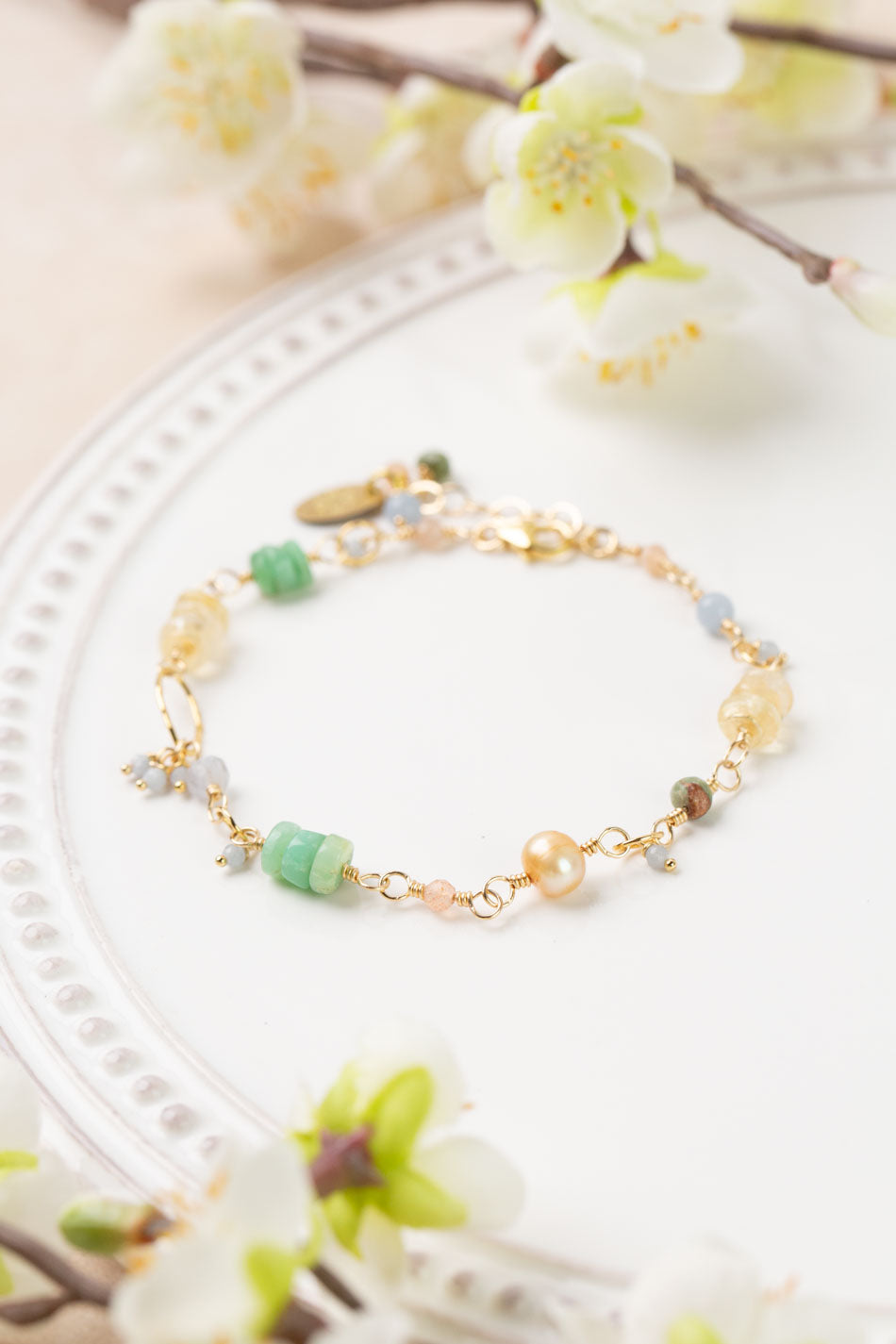 Bellini 7.5-8.5" Peach Moonstone, Pearl, Chrysoprase Collage Bracelet