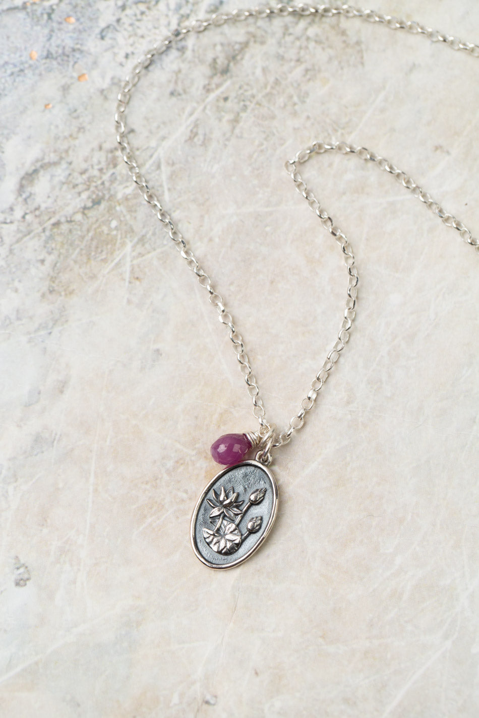 Birth Flower 16.5-18.5" July Water Lily & Ruby Simple Necklace