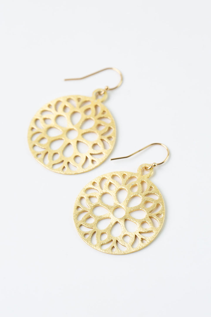 Brushed Gold Floral Disk Earrings