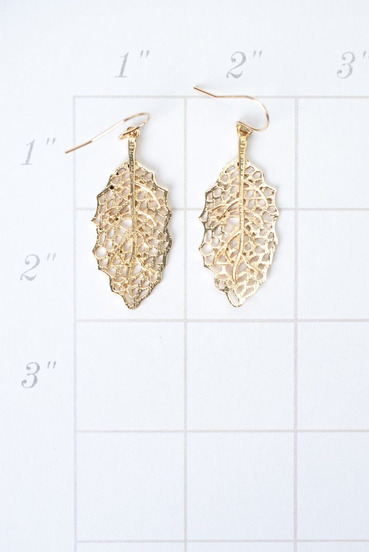 Brushed Gold Filigree Leaf Earrings