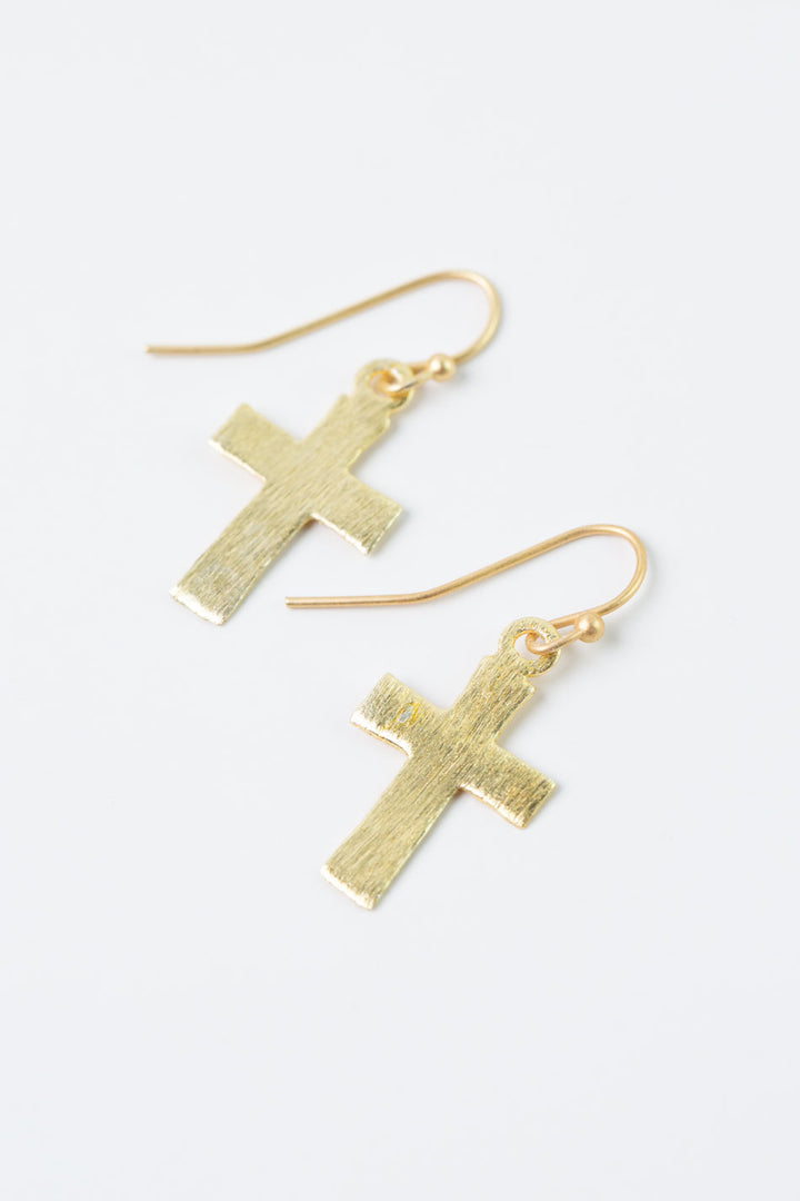 Brushed Gold Cross Earrings