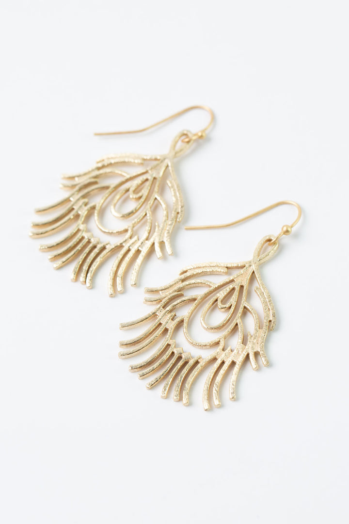 Brushed Gold Peacock Feather Earrings
