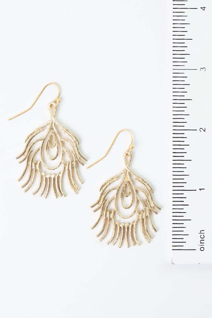 Brushed Gold Peacock Feather Earrings