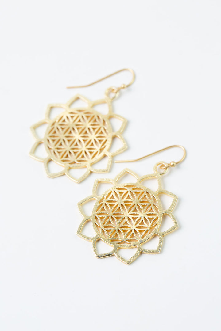 Brushed Gold Flower Of Life Sunflower Earrings