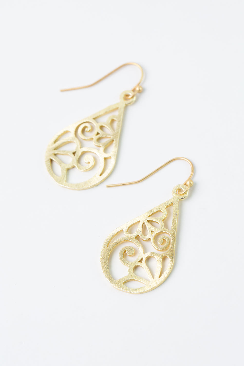 Brushed Gold Floral Swirl Droplet Earrings