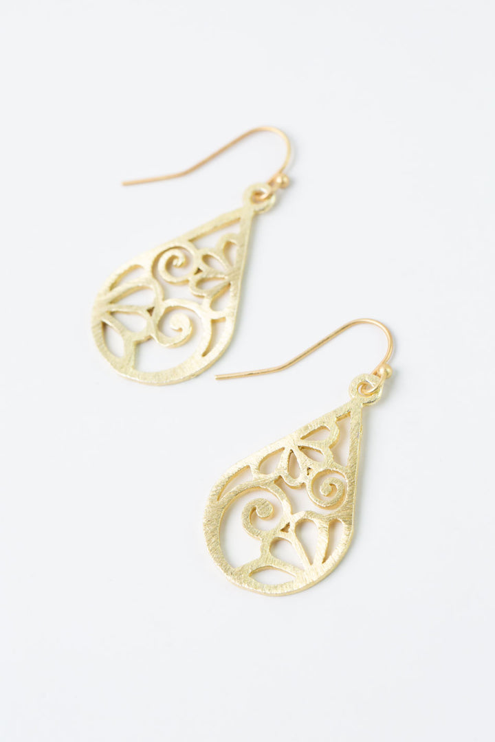 Brushed Gold Floral Swirl Droplet Earrings